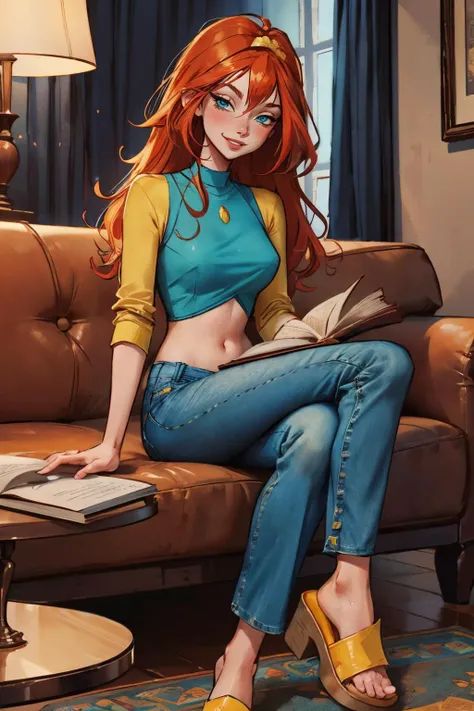 Bloom, red hair, blue eyes, Casual Outfit, croptop, blue tshirt, yellow sleeves, jeans, sandals, looking at viewer, smiling, sitting, on sofa, legs crossed, holding book, inside cozy living room, warm ambiance, high quality, masterpiece, <lora:WinxClubBloo...