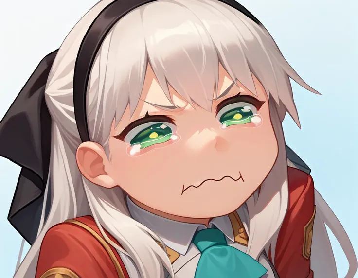 anime girl with white hair and green eyes wearing a red jacket