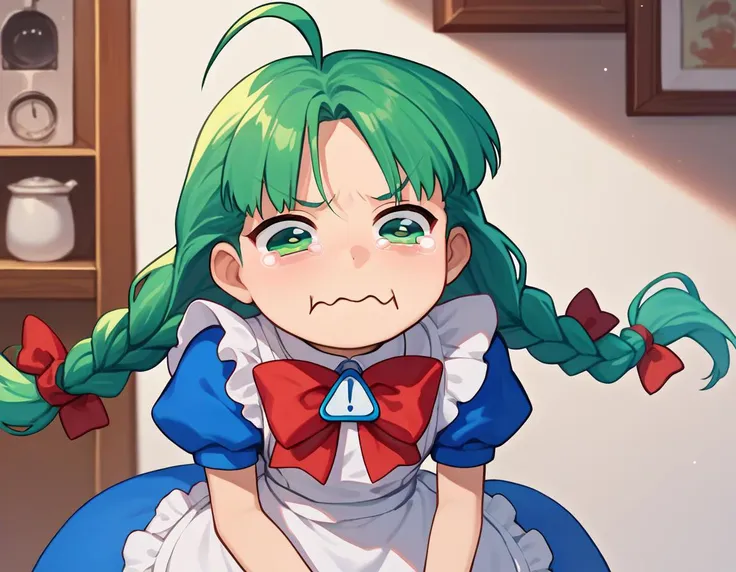 anime girl with green hair and blue dress sitting on a chair