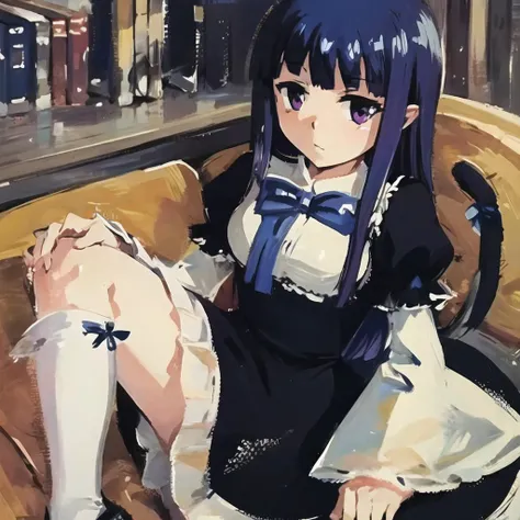 anime girl sitting in a chair with a bookcase in the background