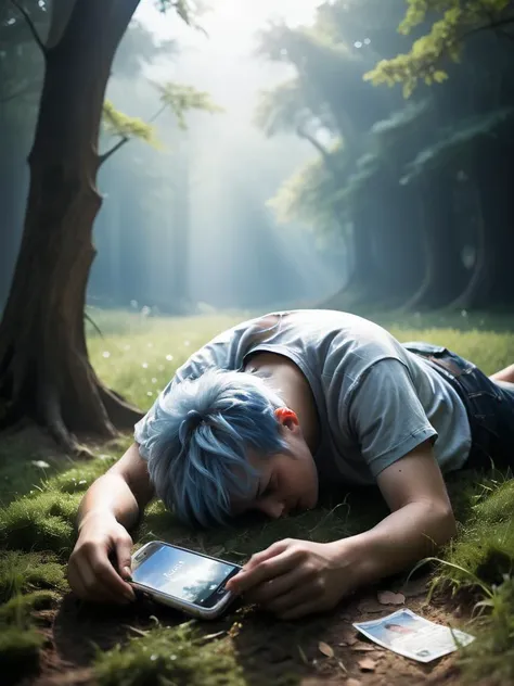 In a sun-kissed meadow a pale and frail young person with blueish dyed hair is wearing a white t-shirt and shorts (lies face down:1.3) (clutching a cellphone:1.2) the screen aglow, their heart could not bear the weight of seeing patches of lush grass and (...