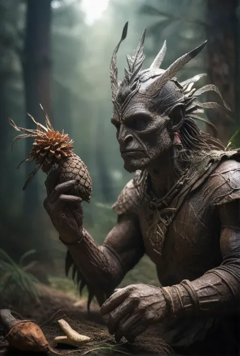 a man in a forest holding a pine cone and a pine