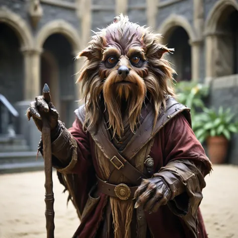 a close up of a person dressed as a lion with a staff