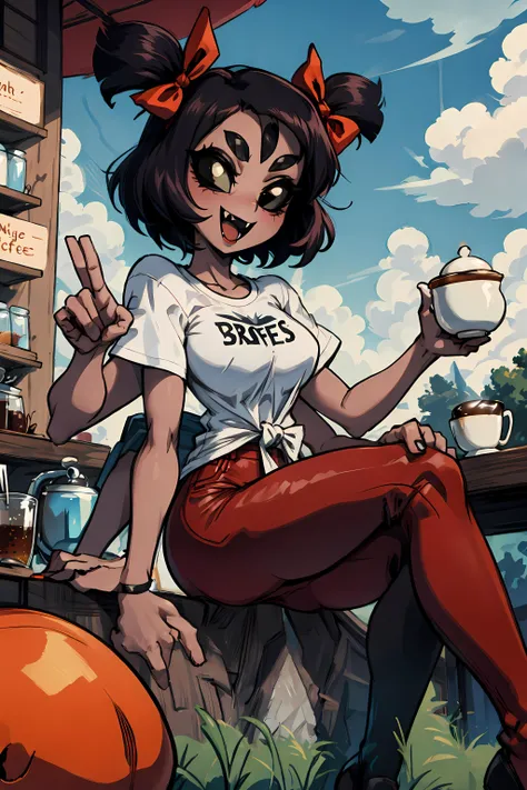 best quality, masterpiece,  (((sfw))),   <lora:muffetv3:0.9> 1girl, muffet, humanoid, arachnid, anthro,((fangs)),pigtails, hair bows, 5 eyes, spider girl, 6 arms, solo, open mouth, 6 hands, detailed hands, black eyes, black sclera, red t-shirt, black jeans...