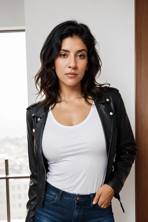 a woman in a white shirt and black jacket posing for a picture