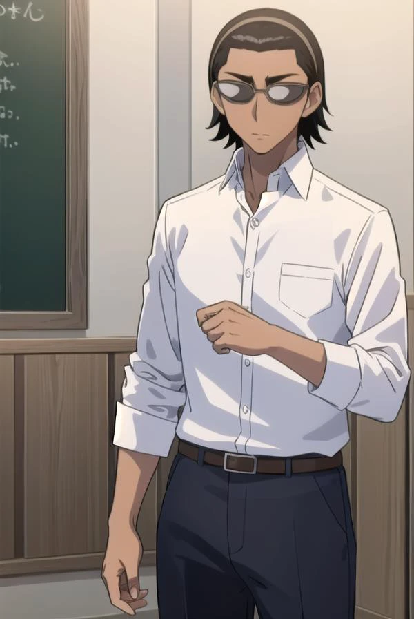 kenjiharima, <lora:kenji harima s2-lora-nochekaiser:1>,
kenji harima, black hair, male focus, glasses, dark skin, dark-skinned male hair band, ahoge,
BREAK school uniform, belt, shirt, white shirt, collared shirt, long sleeves, pants, black pants,
BREAK in...