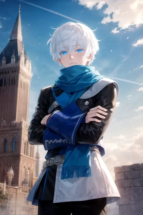 masterpiece, best quality, , 1boy, solo, male focus, looking at viewer, , depth of field, , realistic, <lora:mikhail_vanitas_no_karte:0.70>, mikhail_vanitas_no_karte, white hair, blue eyes, scarf, , The Tower of Destiny, 32k resolution