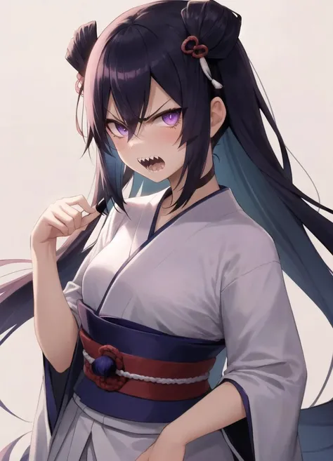 best quality, cowboy shot, sharp teeth, teeth, 1girl, angry, open mouth, solo, looking at viewer, purple eyes, long eyelashes, deep detailed eyes, (chonmage, crew cut, hair between eyes:1.3), violet hair, hair ornament