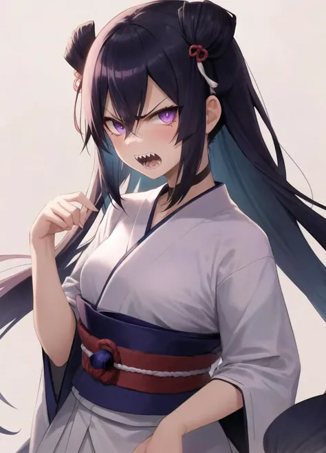 best quality, cowboy shot, sharp teeth, teeth, 1girl, angry, open mouth, solo, looking at viewer, purple eyes, long eyelashes, deep detailed eyes, (chonmage, crew cut, hair between eyes:1.3), violet hair, hair ornament