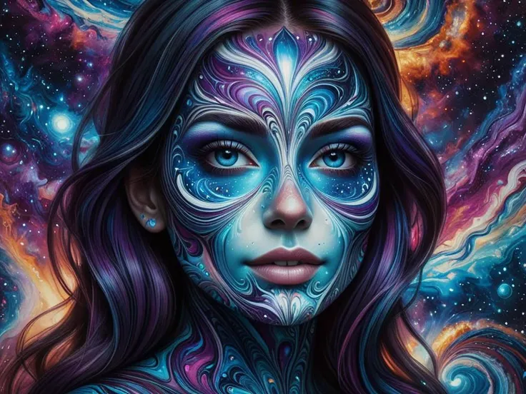 A highly detailed portrait of a smiling woman with galaxy patterns glowing on their mad-marbled-paper skin in blues, purples, and whites. The galaxy patterns are intricate and animated, resembling a universe contained within the skin. The face is realistic...