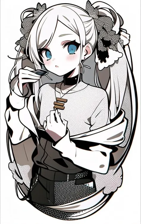 a drawing of a girl with blue eyes and a white shirt