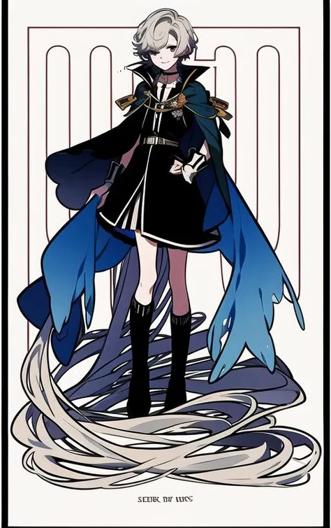 a drawing of a woman in a black coat and blue cape