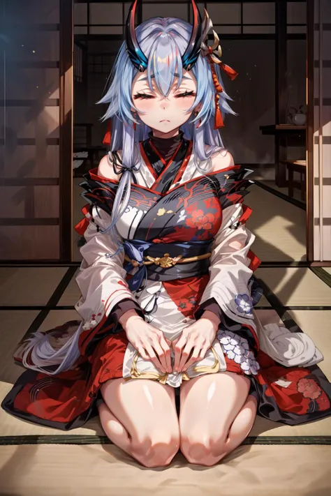 masterpiece,best quality,1girl,solo,tomoe gozen (fate),MerelyRed,TomoeKimono,closed eyes,expressionless,seiza,zabuton,tatami,<lora:FGOTomoeV1:0.7>,