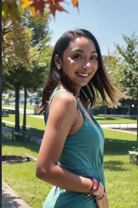 a close up of a woman in a blue dress standing in a park