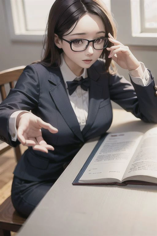 woman in suit and glasses sitting at a table with an open book