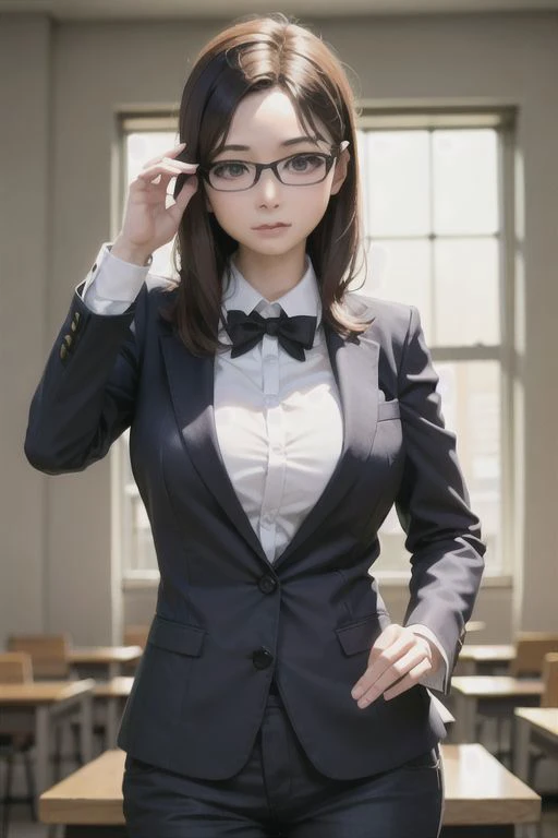 a close up of a woman in a suit and glasses