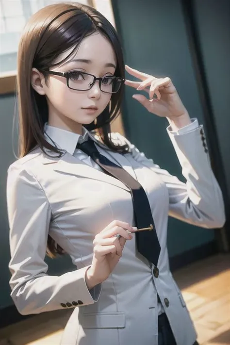 a close up of a woman wearing glasses and a tie