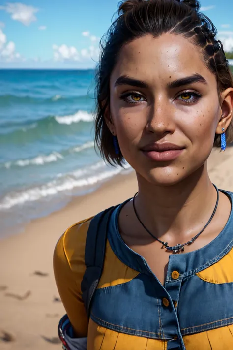 dani, solo,short hair,brown hair,lips,black hair.brown eyes,chest tattoo,hair bun ,
Rojas, pants,earrings,denim,jeans,holster, belt ,bracelet, yellow shirt, shoes,
standing, upper body,  looking at viewer, smirk, 
beach shore, morning,
(insanely detailed, ...