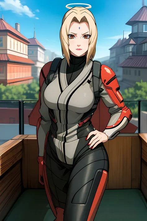 a woman in a futuristic outfit standing on a balcony