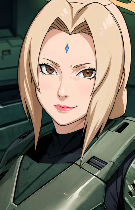 a close up of a woman with blonde hair and a green uniform