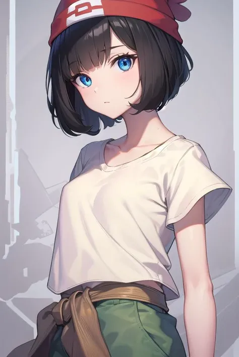 pokemonselene, <lora:pokemonselene-lora-nochekaiser:1>,
pokemonselene, black hair, blue eyes, short hair, bangs, blunt bangs, (small breasts:1.2),
BREAK beanie, collarbone, green shorts, hat, red headwear, shirt, short sleeves, shorts, tied shirt, yellow s...