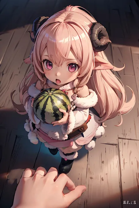 anime girl holding a watermelon in her hands on a wooden floor