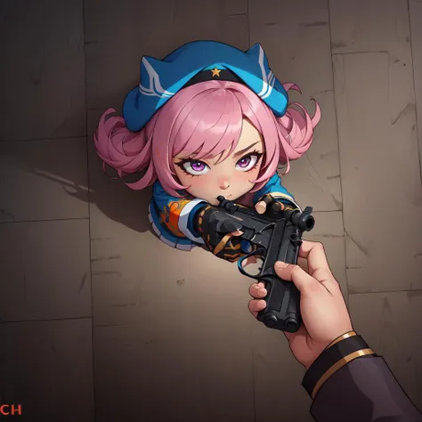 anime girl holding a gun in her hand with a brick wall in the background