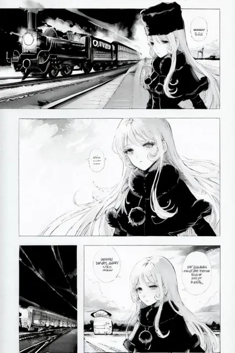 monochrome,line art,comic,border,koma, ,Text bubble,black and white,    <lora:manga-master-V2:0.2>  3girls,    <lora:maetel:0.7>  dress, fur hat, fur trim,hat, long hair, maetel,train