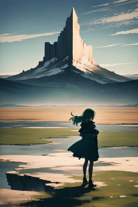 absurdres, highres, ultra detailed, (1girl:1.3), BREAK (selected color green:1.3) BREAK , Create an image of a desolate, distant view, with barren landscapes, dramatic skies, and a sense of isolation. BREAK , Design an image using the contrast of line art ...