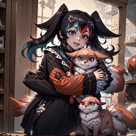 anime girl with long black hair holding a cat and a cat