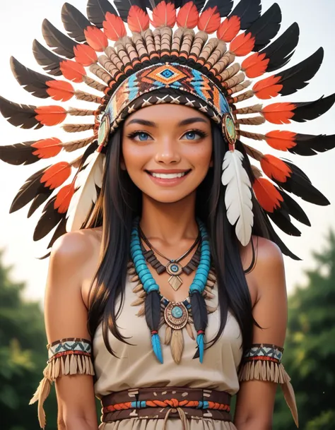 a woman wearing a native american headdress and feathers