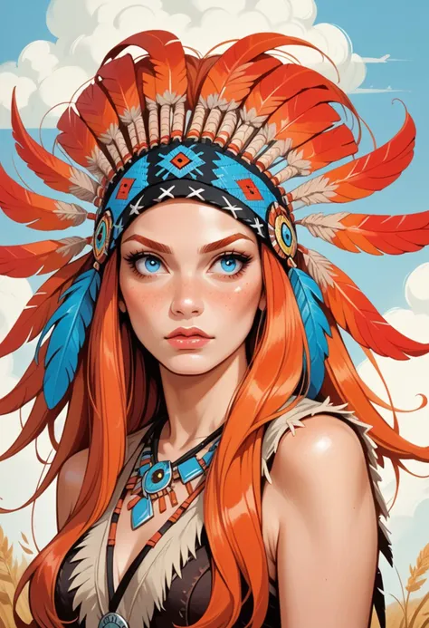 a woman with a headdress and feathers on her head