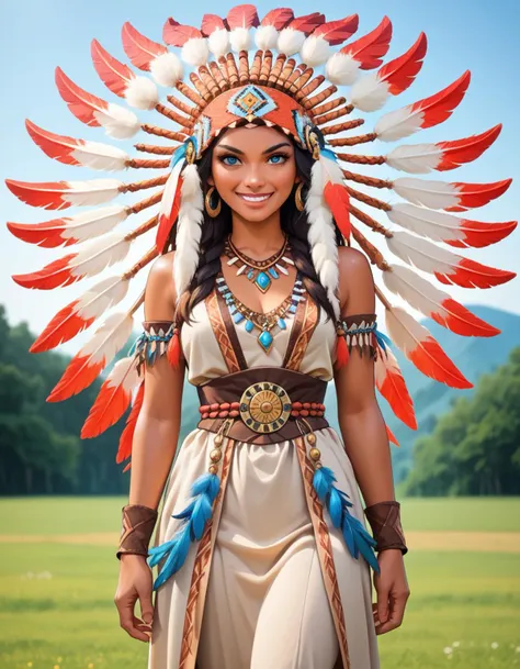 a woman in a native american costume standing in a field