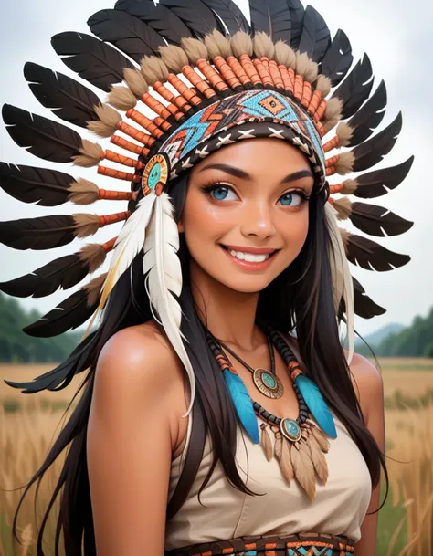 a woman wearing a native american headdress in a field