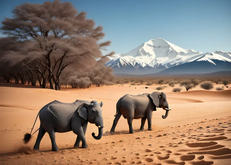 elephants walking in the desert with mountains in the background