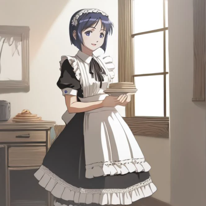 cowboy shot, <lora:maeharaShinobuStr08-1:0.9> maeharashinobu, <lora:ageUpStr1+:1.5> <lora:maidOutfitStr07-085TriggerMaid_dress:0.8>, maid_dress, maid headband, duster, indoors, smile, highres, Digital art, trending on artstation, best quality, insanely det...