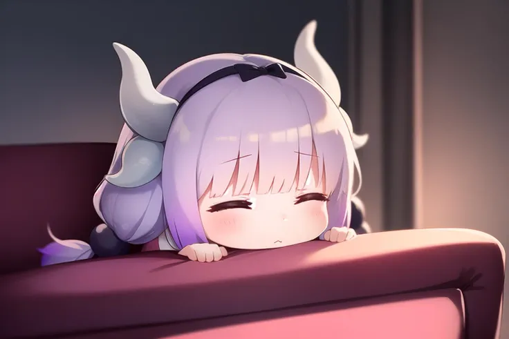 anime, hdr, soft light, ((best quality)), ((masterpiece)), (detailed), <lora:Kanna05:1>, kannakamui, solo, cute, chibi, dragon horns, hair beads, low twintails, dress, thighhighs, lying, (sleepeace:1.1), (closed eyes:1.1), head on pillow, sofa, cozy,  <lor...