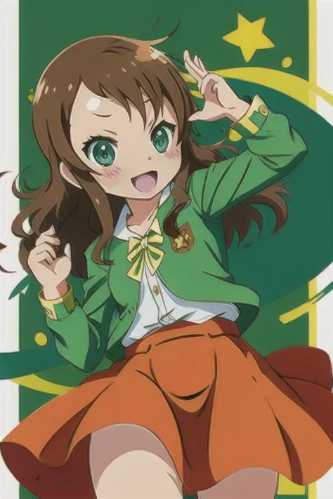 a girl in a green jacket and orange skirt is posing