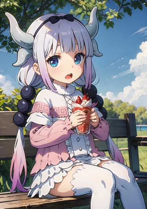 1girl, <lora:Kanna5-15:1>, kannakamui, dress, dragon horns, hair beads, low twintails, outdoors, thighhighs, open mouth, holding parfait, sitting,