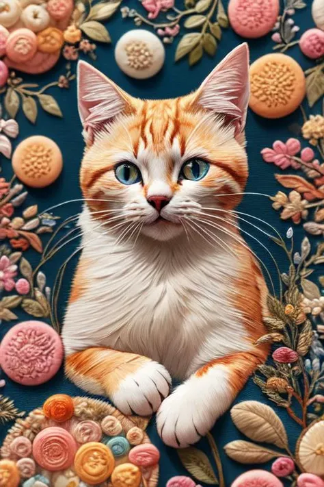 realistic, (best quality, masterpiece:1.3),<lora:kEmbroideryDSnD:1>Embroidery, Macaron, cat, <lora:add_brightness:0.3>