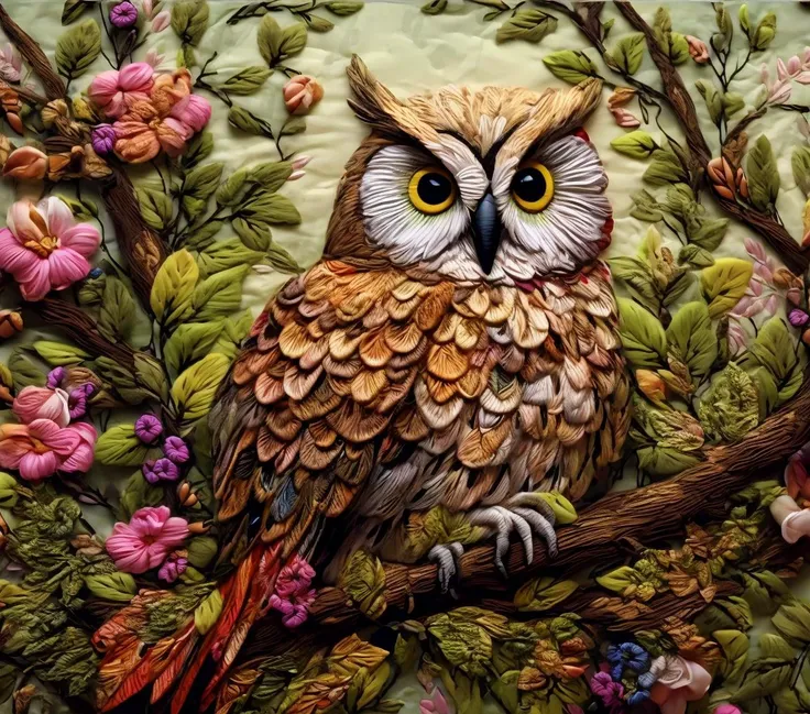 <lora:kEmbroideryRev:1> embroidery of an owl sitting on a branch with flowers and leaves around its neck and eyes, Chris LaBrooy, highly detailed