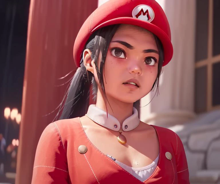 (EmmaRadacanu_4T:1.25), Mario, Red Cap, (extremely detailed CG octane render 8k wallpaper),  Drone body photo of  a ( young girl:1.35), the most beautiful artwork in the world, full dynamic color, focused shot, (small breasts:1.43), (flat chest:1.32), fron...