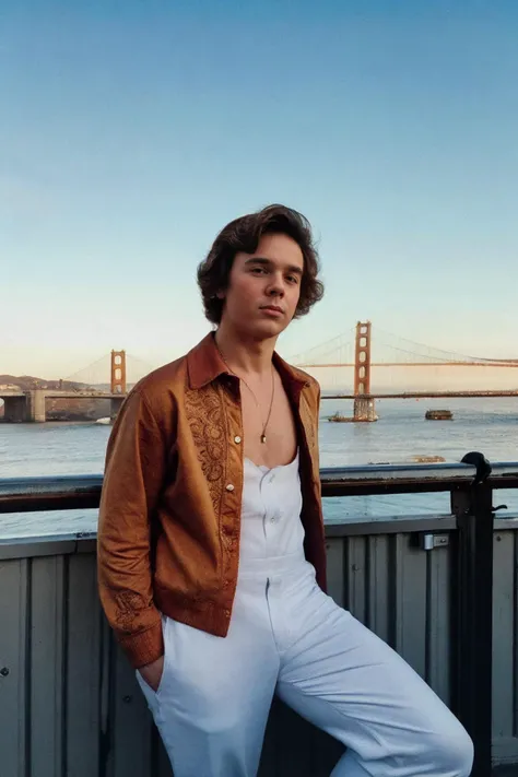 RAW photo, photo of justin_owen <lora:justin_owen-07:0.75> wearing a retro 1970s outfit, San Franciso in the background, golden hour lighting, nostalgic, best quality, 4K, masterpiece, detailed, intricate,