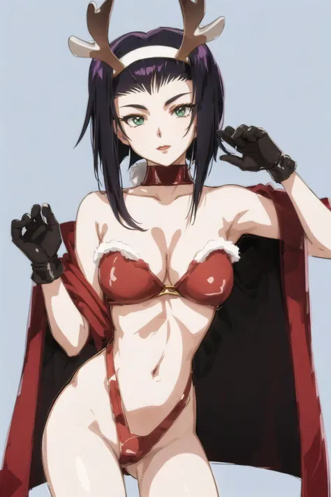 <lora:Fayev1:0.7>, Faye Valentine, 1girl, antlers, bare shoulders, bell, blue background, breasts, cape, christmas, cleavage, collarbone, fake antlers, fur-trimmed cape, fur-trimmed gloves, fur-trimmed headwear, fur collar, fur trim, gloves, green eyes, ha...