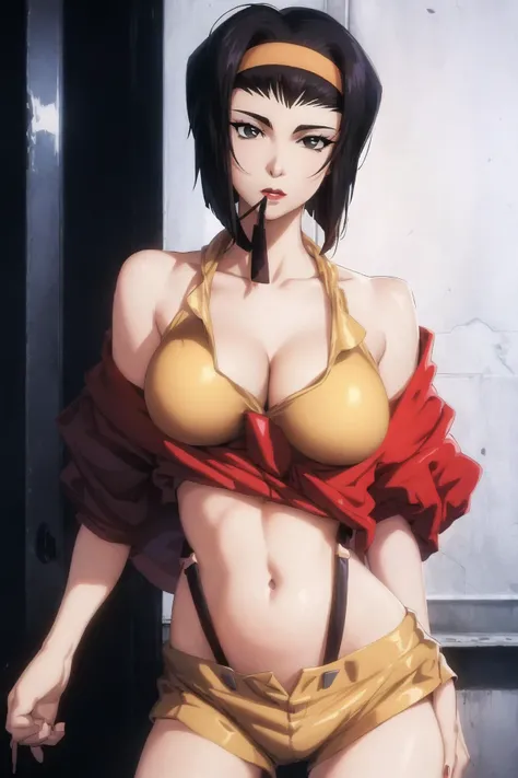 <lora:Fayev1:0.7>, Faye Valentine, 1girl, bare shoulders, black hair, breasts, cleavage, hairband, lips, lipstick, makeup, medium breasts, midriff, mouth hold, navel, off shoulder, open fly, shirt, short hair, solo, suspenders