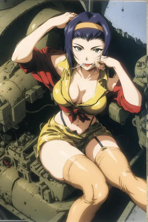 <lora:Fayev1:0.7>, faye valentine, 1girl, breasts, can, car, car interior, caterpillar tracks, cigarette, cleavage, cockpit, downblouse, ground vehicle, hairband, mecha, medium breasts, military, military vehicle, motor vehicle, motorcycle, mouth hold, on ...