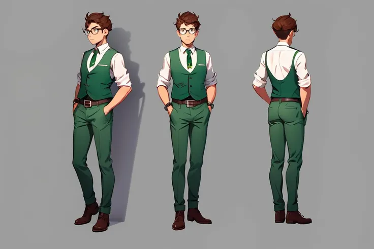 Multi-view,front view,side view,rear view,reference table,game character design,1boy,shirt,wristwatch,pants,watch,brown hair,male focus,white shirt,grey background,green pants,vest,simple background,boots,glasses,standing,multiple views,full body,looking a...