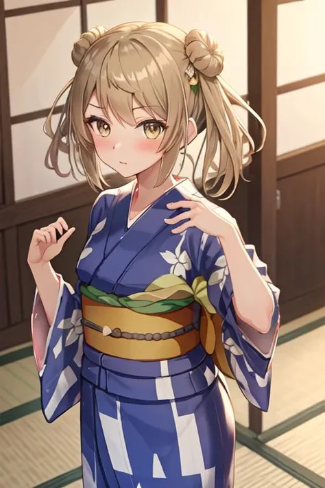 best quality, masterpiece, highres, solo, {yukata:1.40}, {kimono:1.20}, {michishio_kantaicollection:1.15}, twintails, double_bun, hair_bun, short_twintails, light_brown_hair, brown_eyes, blush, bow, yellow_eyes