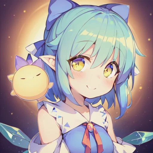 (SLE, mksks style), 1girl, solo, smile, cirno, (playful interaction), (yellow blob:1.2), (whimsical), (vibrant colors), (childlike wonder), (curiosity), (fantasy world), (magic), (joyful), (floating objects:1.2), (light-hearted), (magical girl), (bright at...