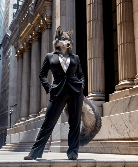 (Highest Quality, 8k, masterpiece, Amazing Details:1.3, Enhanced shadows, Dehaze),(anthro gray wolf|werewolf female:1.3) inside New York Stock Exchange Building, looking at stocks chart, (full body professional photo:1.3),Documentary photography,Shallow De...